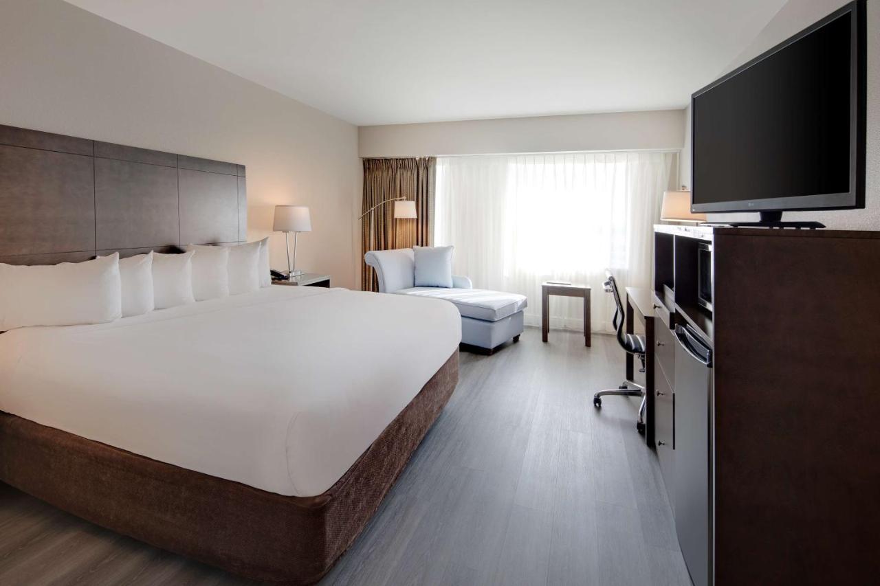 Quarto com Cama King-size, Chuveiro Acessível a Cadeirantes e Vista da Cidade
